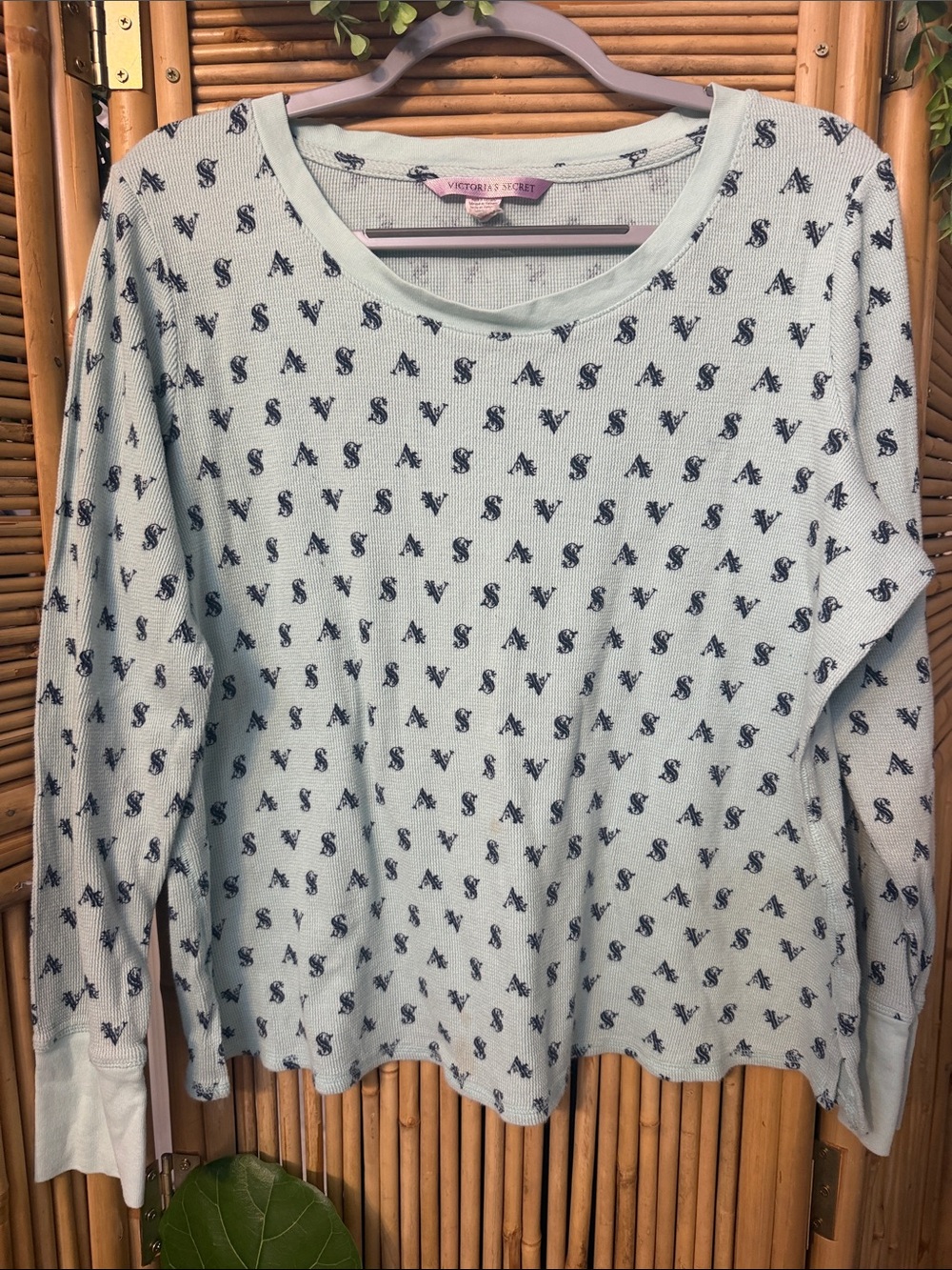 Vintage Victoria's Secret Mint Green Long Sleeve Waffle-Knit Tee with Navy Print